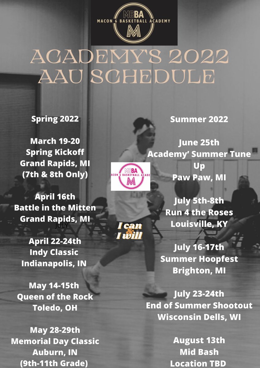 MaconAcademy's tweet photo. 2022 AAU Schedule. 7 teams this year. Rosters coming soon! We have ⭐️ at every level starting with the Player of the Year, #8 Ranked PG &amp; #23 overall in 2023 McKenna Macon hitting the circuit for the last time. She’s been the face of our program from Day 1. Last ride! https://t.co/1fidQQUcvp