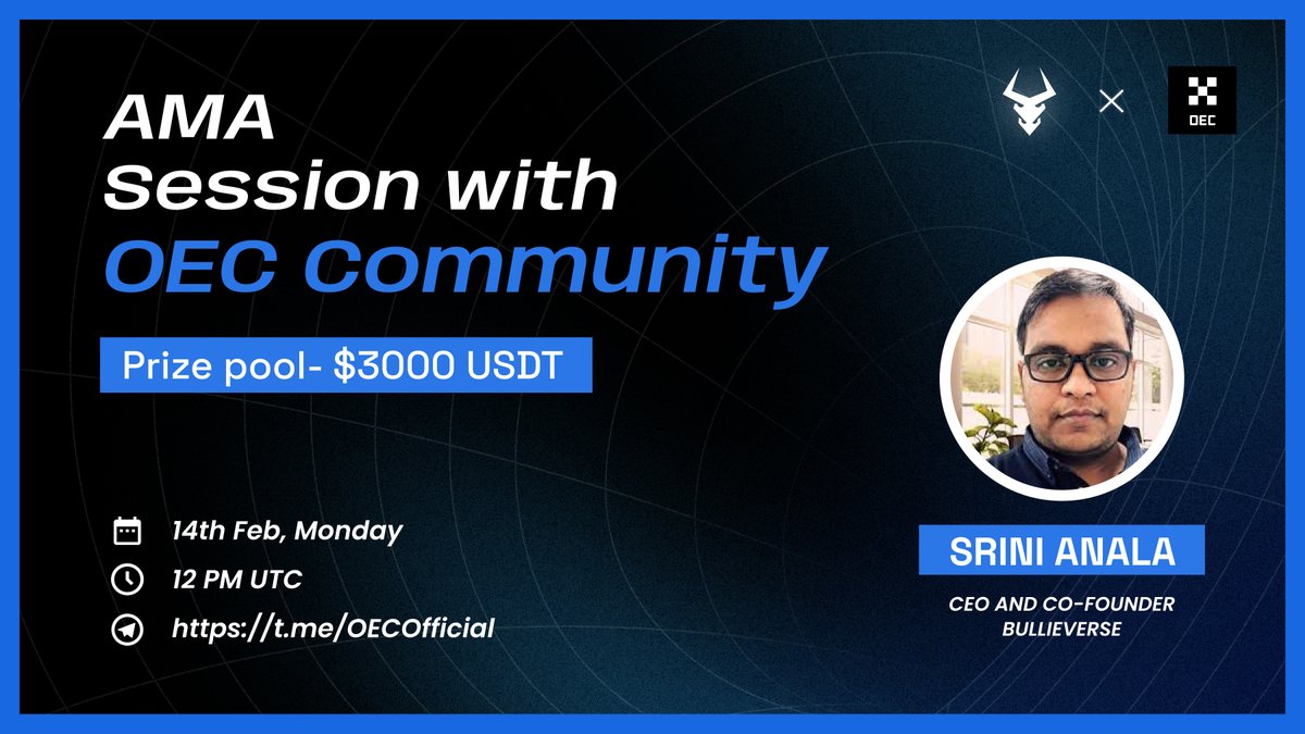 Gear up for another Bullish #AMA with @OECnetwork &amp; 
🎙 Srini Anala <a href="/0xSrini/">Srini — d/acc</a>, CEO Bullieverse

🗓 14 Feb, 12 PM UTC
📌 t.me/OECOfficial
💰 $3000 USDT Prize Pool
✅ Complete all of the required tasks 

⬇️ TO JOIN 
gleam.io/Ew15E/bullieve…

#P2E #NFT #NFTGame #Metaverse