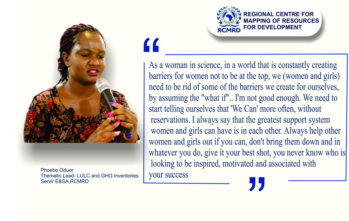 RCMRD_'s tweet photo. As we celebrate #WomenInScience one of our female scientists, @POduor24 -Thematic Lead- LULC and GHG Inventories #SERVIR E&amp; SA at @RCMRD_ reminds  women and young girls that the greatest support system they can have is in each other. #WomeninScienceDay https://t.co/kajnlEhv0U