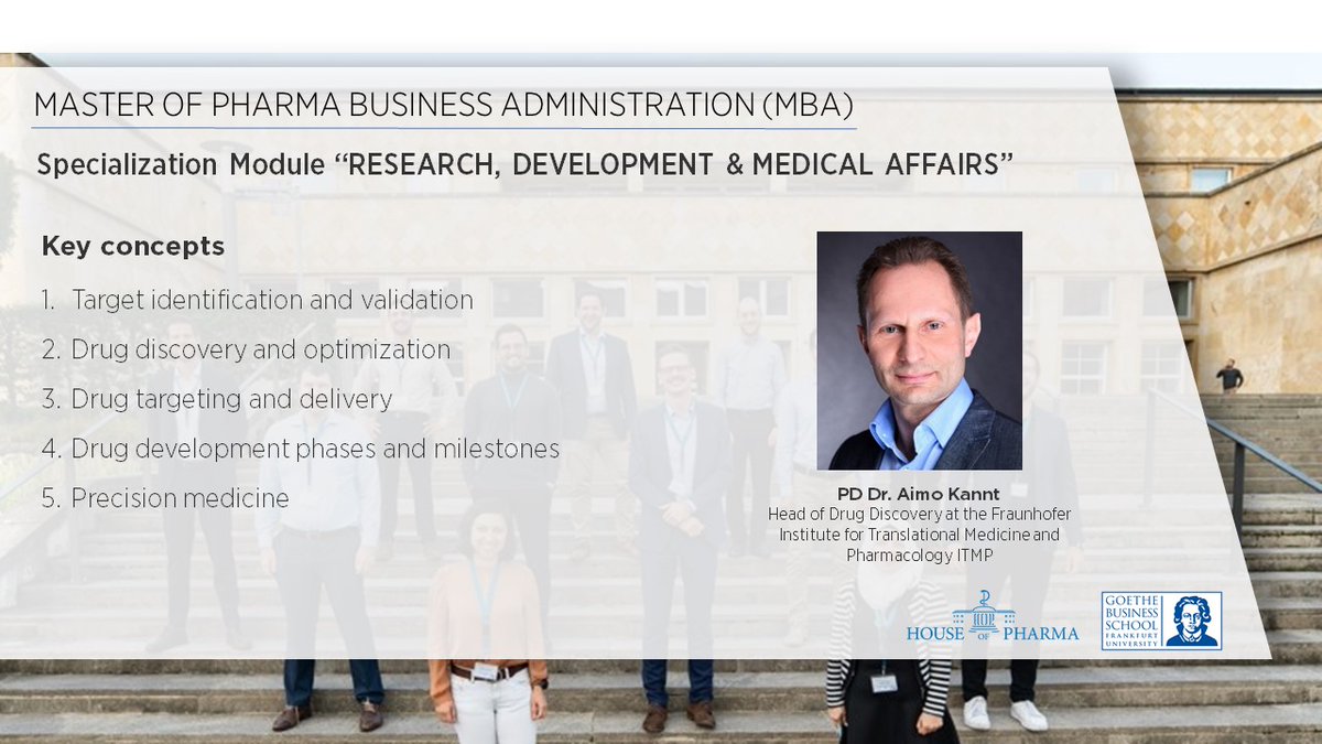 hoph_ffm's tweet photo. Im #PharmaMBA der @GoetheBSchool findet dieses Wochenende der 2. Teil des Moduls "Research, Development &amp; Medical Affairs” mit PD. Dr. Aimo Kannt, @Fraunhofer #ITEM, statt.
Wir wünschen den Studierenden des 3. Semesters ein lehrreiches Wochenende!

https://t.co/SYruXO5UVl https://t.co/mDsmzNHYp2