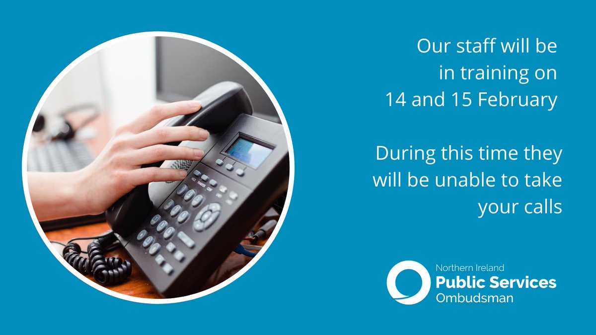 NIPSO_Comms's tweet photo. *Staff training on Monday 14 &amp; Tuesday 15 February*

During this time you can still submit complaints via our online complaints form or email us at nipso@nipso.org.uk.  

If you have an urgent enquiry, you can leave a voicemail and we will return your call as soon as possible. https://t.co/f6C4f1MQbp