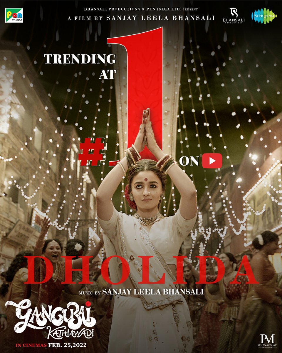 Saregama (@saregamaglobal) on Twitter photo DHOLIDA making noise everywhere. Trending at #1 🔥
bit.ly/GangubaiDholida
Music by #SanjayLeelaBhansali
Lyrics by <a href="/kumaarofficial/">Kumaar</a>
#GangubaiKathiawadi in cinemas on 25th Feb.
<a href="/aliaa08/">Alia Bhatt</a> <a href="/ajaydevgn/">Ajay Devgn</a> <a href="/prerna982/">Prerna Singh</a> <a href="/jayantilalgada/">Dr. Jayantilal Gada (PEN)</a>
<a href="/Shailhada/">SHAIL HADA</a> <a href="/KrutiMahesh/">Kruti Mahesh</a> <a href="/PenMovies/">Pen Movies</a> <a href="/bhansali_produc/">BhansaliProductions</a> DHOLIDA making noise everywhere. Trending at #1 🔥
bit.ly/GangubaiDholida
Music by #SanjayLeelaBhansali
Lyrics by <a href="/kumaarofficial/">Kumaar</a>
#GangubaiKathiawadi in cinemas on 25th Feb.
<a href="/aliaa08/">Alia Bhatt</a> <a href="/ajaydevgn/">Ajay Devgn</a> <a href="/prerna982/">Prerna Singh</a> <a href="/jayantilalgada/">Dr. Jayantilal Gada (PEN)</a>
<a href="/Shailhada/">SHAIL HADA</a> <a href="/KrutiMahesh/">Kruti Mahesh</a> <a href="/PenMovies/">Pen Movies</a> <a href="/bhansali_produc/">BhansaliProductions</a>