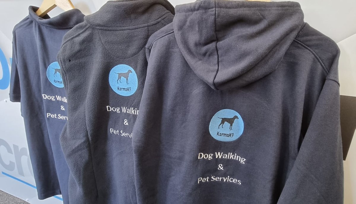 Creative_repro's tweet photo. We recently sent out these fully embroidered T-shirts, fleece jackets and cosy hoodies to KarmaK9 Dog walking &amp; Pet services to protect against the cold 🥶 If you’d like something similar then please call 01376 563668 or email info@creativerepro.co.uk https://t.co/W3ia5IAC0T