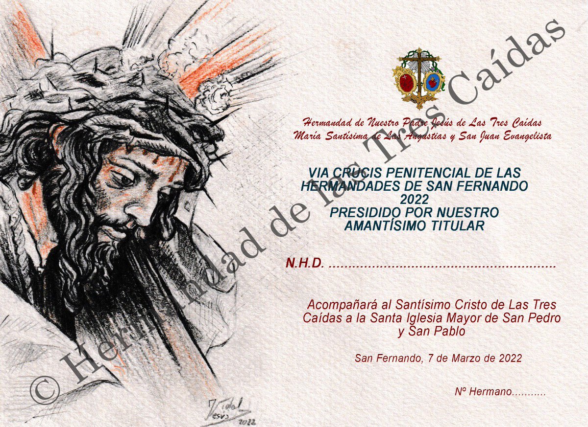 Todos los martes y jueves de este mes de febrero y en horario de 19 a 20.30 horas, podrás pasar a retirar la papeleta de sitio para acompañar a Nuestro Padre Jesús de las Tres Caídas en el Via Crucis que organiza el Consejo de Hermandades y Cofradías el próximo lunes 7 de marzo.