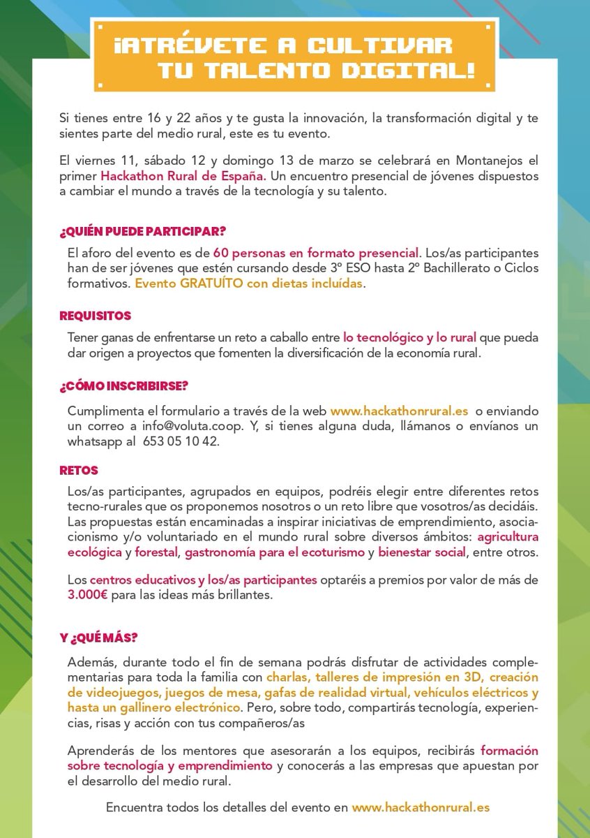 VisitMontanejos's tweet photo. ¡Montanejos acogerá el primer #HackathonRural de España! 🎉

📅 Los días 11, 12 y 13 de marzo en Villa Purificación.
✅ Toda la información aquí 👉🏻https://t.co/9oyqIwRfXD

#VisitMontanejos #MontanejosTeActiva⁣⁣⁣ #MontanejosEsCultura #EcoSocialTech https://t.co/bEHbuMk54A