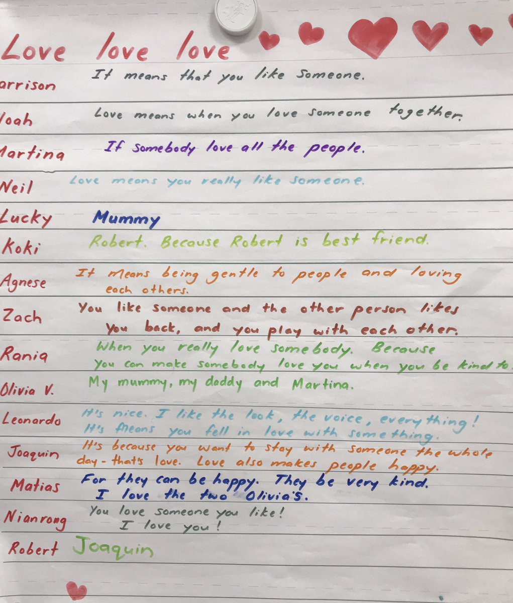 Ask some little kids what love is and they know.. ‘I like the look, the voice, everything!’ And ‘it’s because you want to stay with someone the whole day’ and ‘Mummy’. Lots of love from <a href="/SouthbankSchool/">Southbank International School</a>