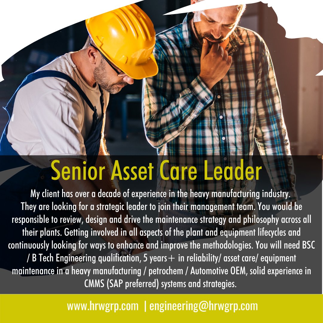 EngineeringHrw's tweet image. We are looking for a Senior Asset Care leader!
#engineering #manufacturing #maintenance #plant #experience