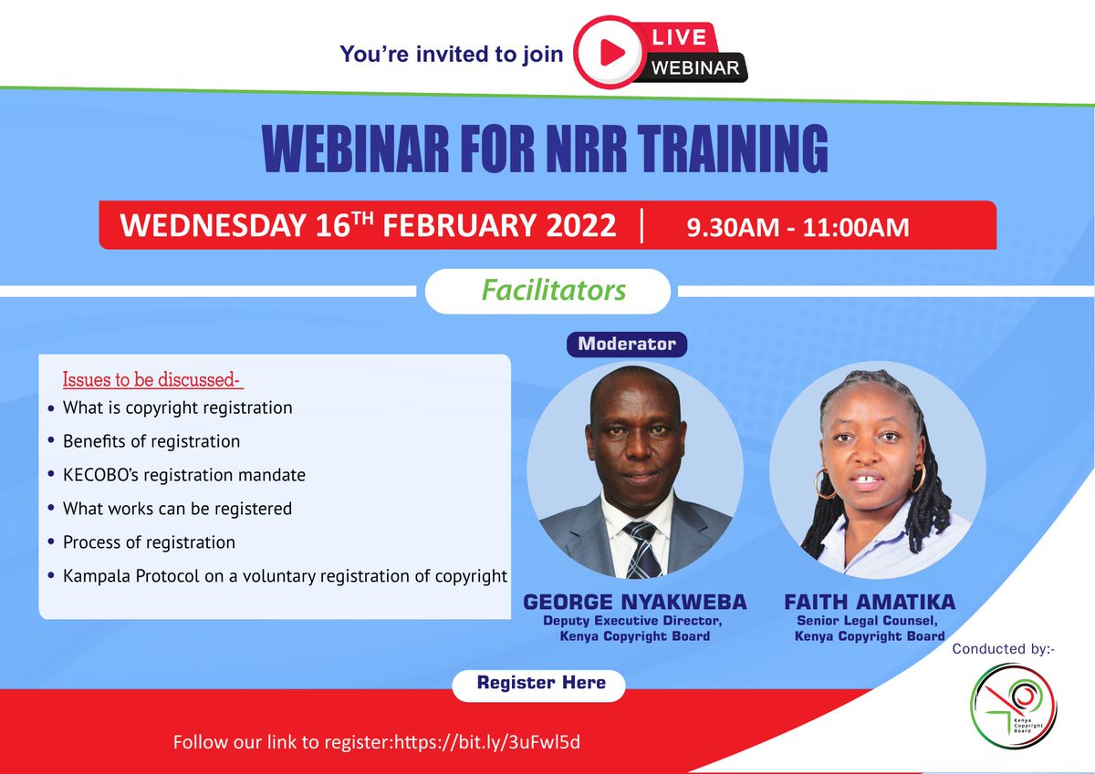 Are you a producer, composer, performer or an artist and you would like to know more about copyright registration and its benefits? 
Join us on Wednesday 16th Feb 22 from 9.00Am - 11.00Am for the "National Rights Registry Webinar".
Register on this link⏩ https//bit.ly/3uFwI5d