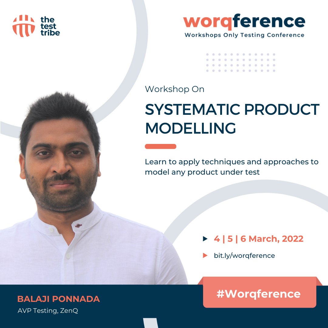 Announcing <a href="/BalajiPonnada/">Balu..</a>’s (AVP Testing, <a href="/ZenQInc/">ZenQ</a>) Atomic Workshop at Worqference on the topic, “Systematic Product Modelling”

Book your seat now and get a Free Day Track with 5 Workshops! thetesttribe.com/worqference-pr… 

#worqference #instructor #atomic #workshop #product #techniques