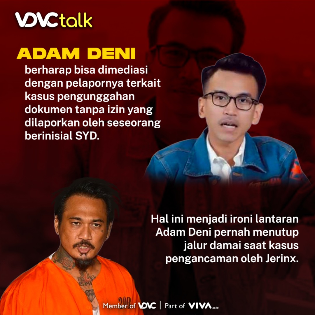 vois_channel's tweet image. Adam Deni kini menjadi tersangka atas kasus mengunggah dokumen orang lain di media sosial. Sebelumnya, Adam Deni selalu ramai berita perseteruan dengan Jerinx. 
#VDVCTalk #AdamDeni #Jerinx #drTirta #Viral