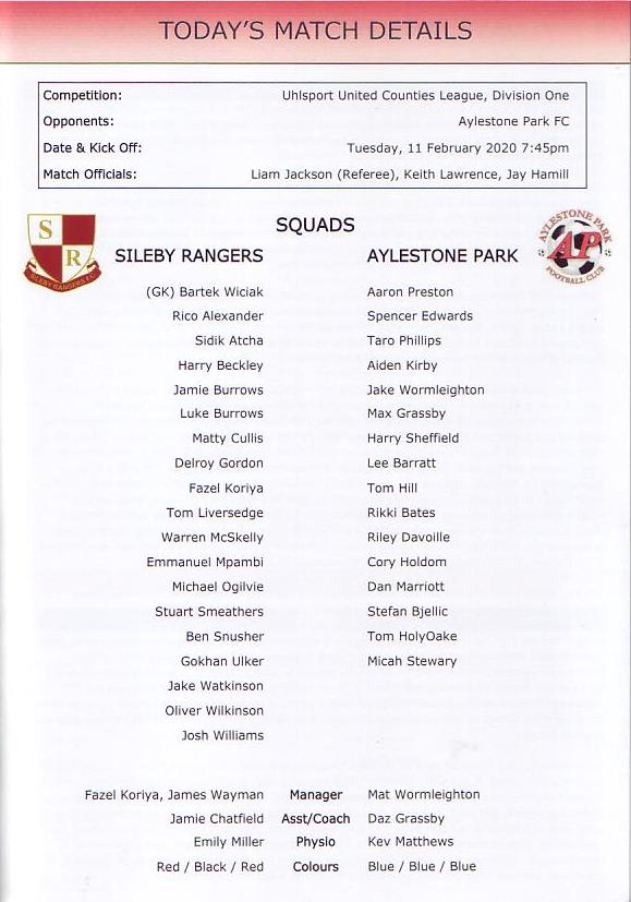 MrJamesEst1970's tweet photo. Non-League:
Tuesday 11th February 2020
United Counties League Division One
@ClubSileby 2
@officialAPFC 3
Fazel Koriya & Tom Liversedge for Rangers, Davoile Riley, Harry Sheffield & Cory Holdom for Park
#NSRFC #APFC https://t.co/6zRpuEaIzZ