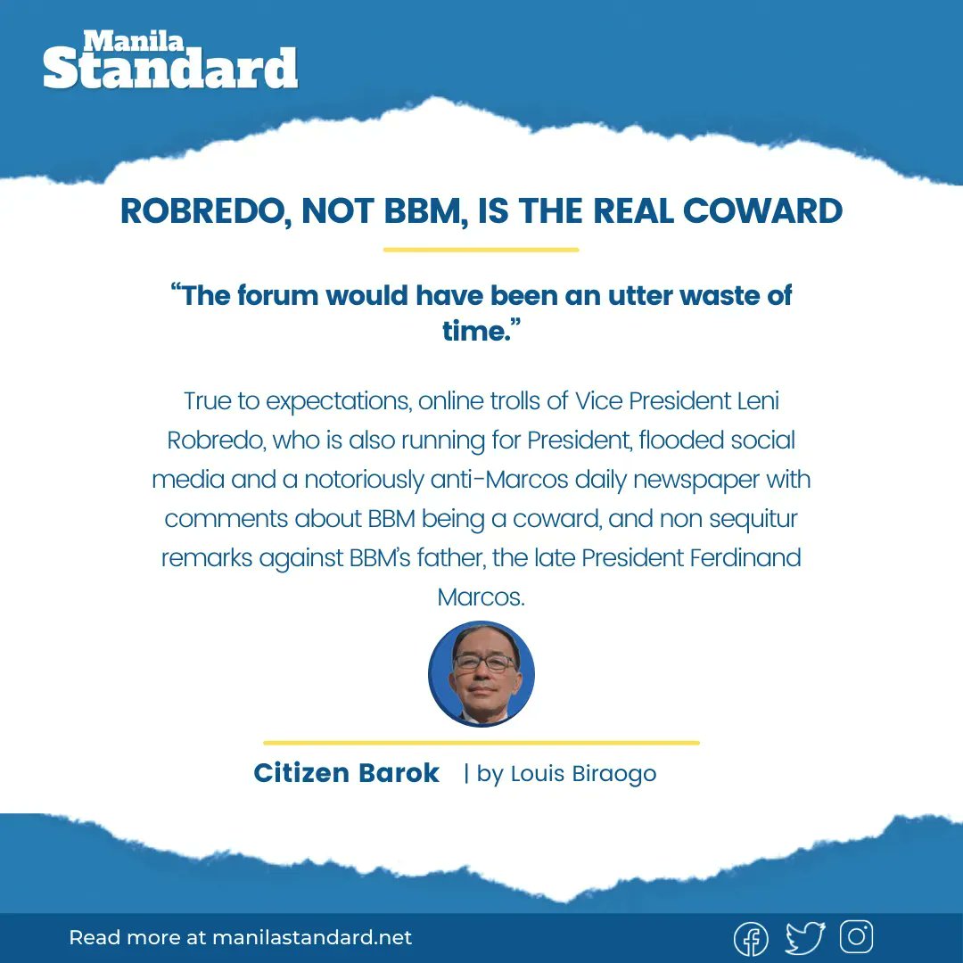 mnlstandardph's tweet photo. MS OPINION
Last month, presidential aspirant and ex-Senator Bongbong Marcos (BBM) declined an invitation to participate in a television program hosted by Jessica Soho on the GMA-7 network. Soho planned to pit BBM against his visible rivals----
Read more 👇
https://t.co/l1iDbrkDPP https://t.co/wyGEKTYY9u