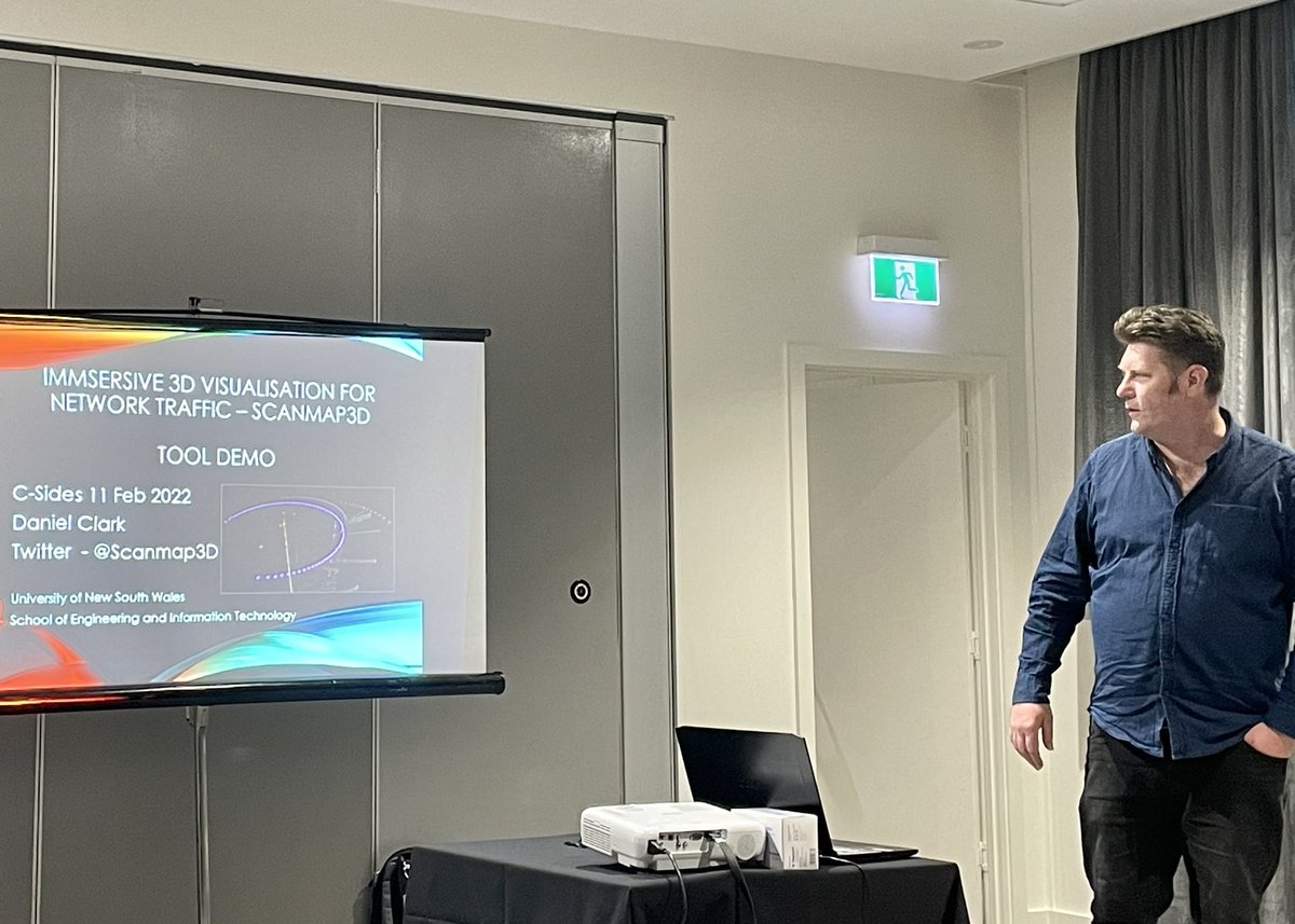 BSidesCbr's tweet image. Kicking off with @Scanmap3D speaking about his research on 3d visualisation of network traffic