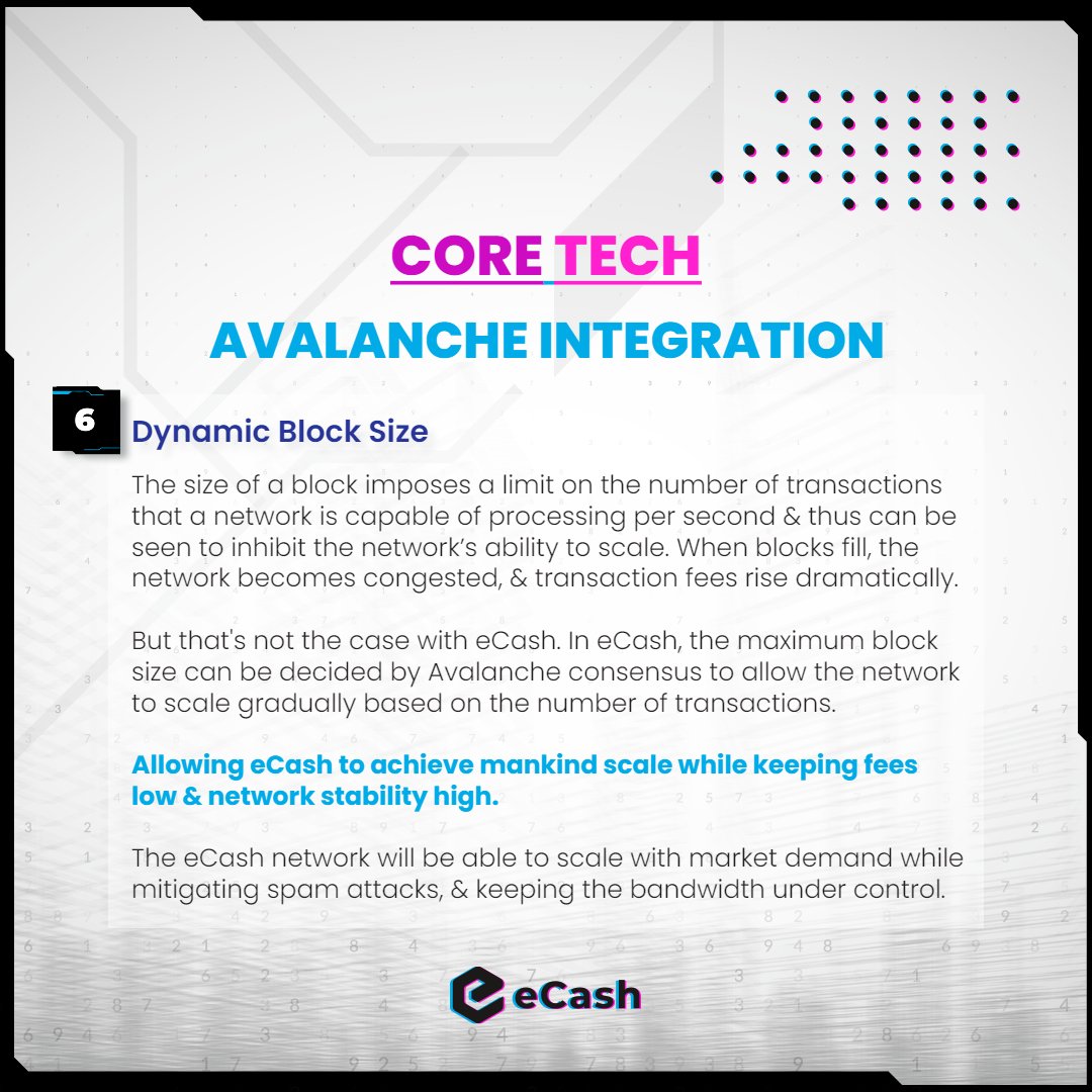 eCash's tweet photo. eCash #CoreTech Series - Avalanche Integration Advantages 🔥

6️⃣ Dynamic Block Size: In eCash, the maximum block size will be decided by Avalanche consensus, allowing #eCash to achieve mankind scale while keeping fees low &amp; network stability high.

#XEC #Crypto $XEC #JustBuild 🛠️ https://t.co/NBWoObfHtD