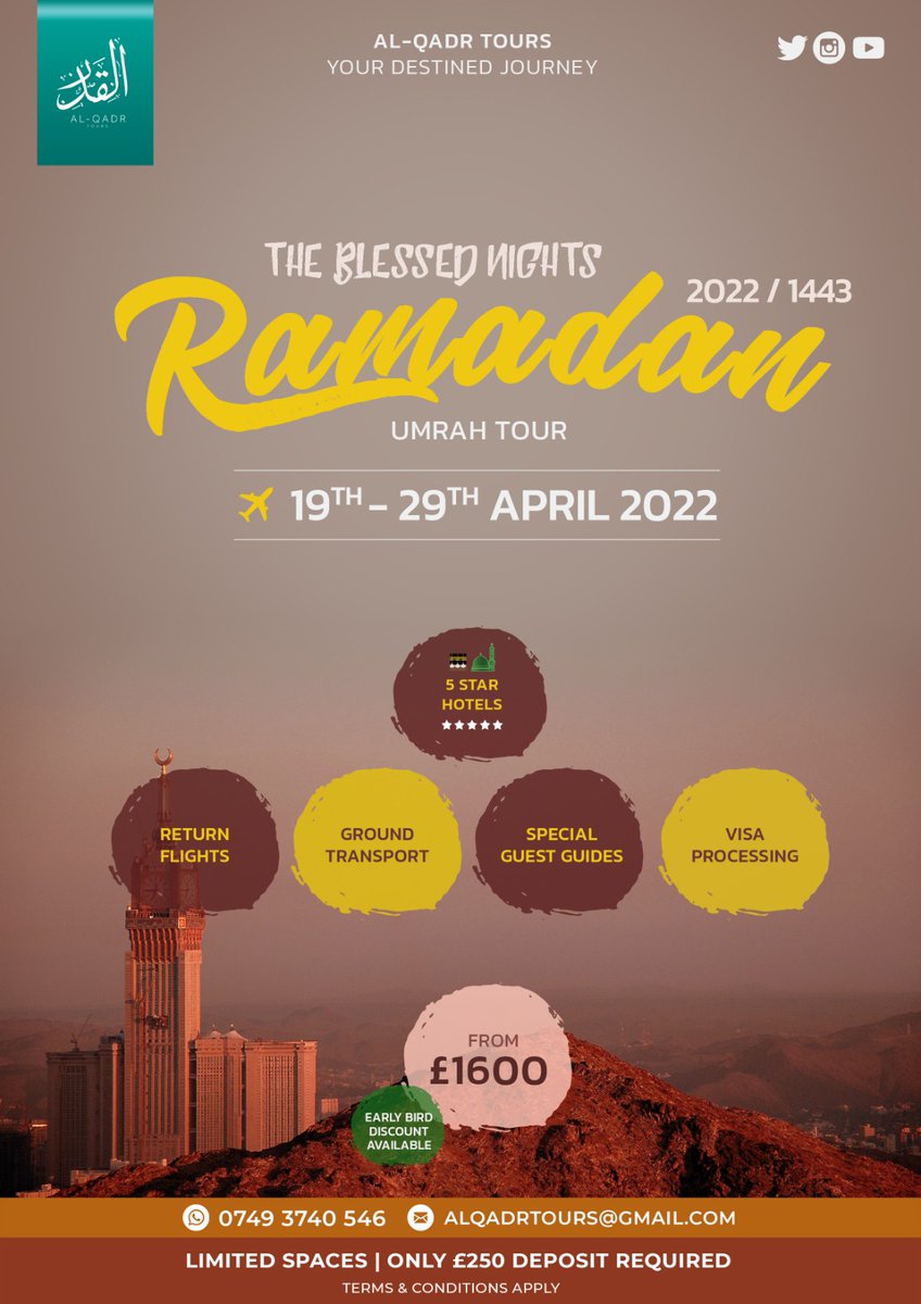 AlQadrTours's tweet photo. Less than two weeks before we close booking on our Ramadan trip. Do not hesitate as this really is a rare opportunity! Contact us and get your place confirmed In Sha Allah https://t.co/yPiRBn7b43