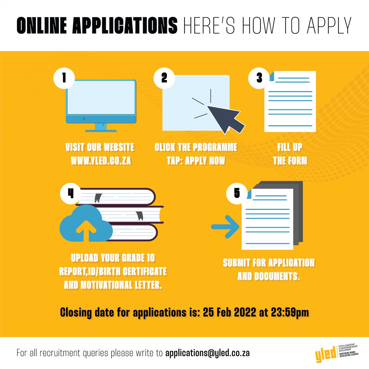 yledsa's tweet photo. Are you a grade 11 learner willing to give up your Saturdays to travel the YLED journey of self discovery and developing entrepreneurial skills? Head on over to our website to complete your application and start your YLED journey!
https://t.co/WFF2YhDEqh
#yled2022 #YOUTH https://t.co/vsVJj5aNII