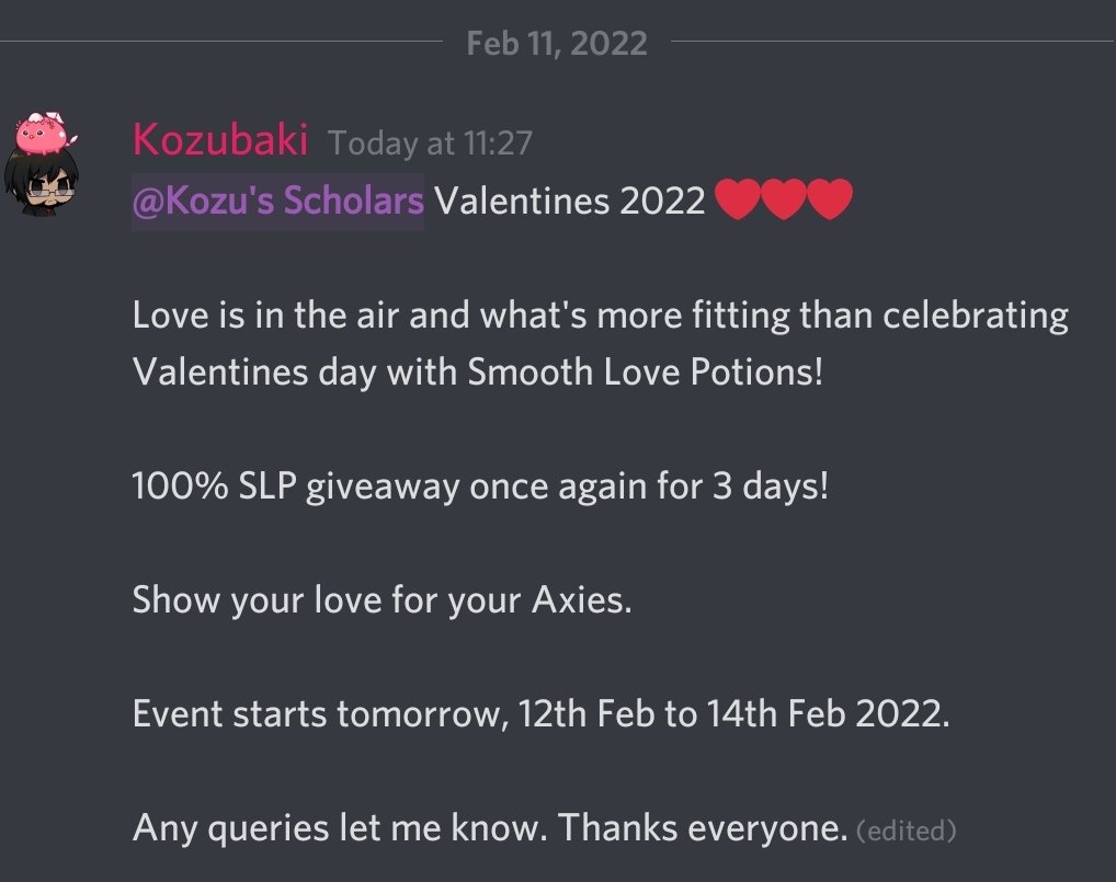 kozubaki's tweet image. Every Year, Valentines Day should also be known as Smooth Love Potion's day.

Show your love for @AxieInfinity

Advanced Happy $SLP day everyone ❤❤❤

#AxieInfinity