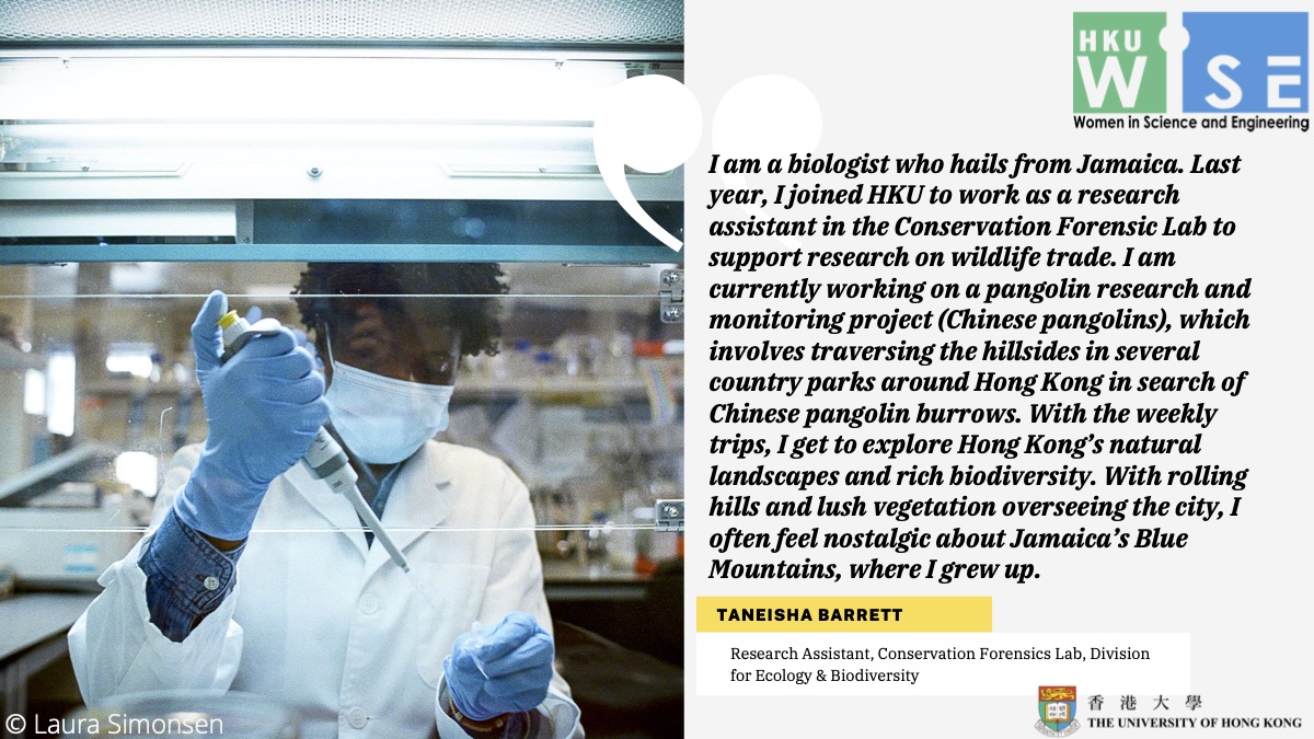hkuwise's tweet photo. This week’s #HKUWISEseries feature is Taneisha Barrett (@Tan_neika_), a research assistant in the Conservation Forensics Lab. She works on pangolins, using molecular techniques to aid in determining the origin of seized pangolin scales. (photo credit: Laura Simonsen) https://t.co/Pri5C7QFqC