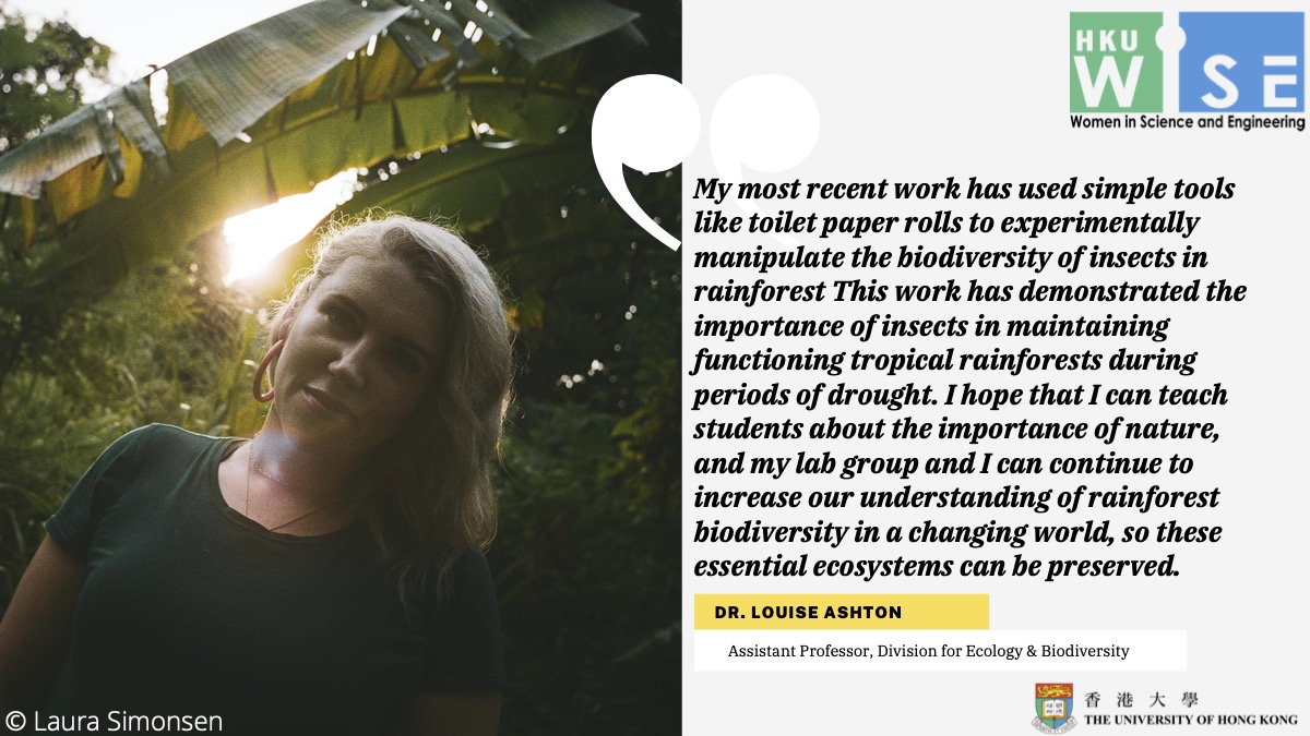 hkuwise's tweet photo. This week’s #HKUWISEseries feature is Dr. Louise Ashton (@Lou_A_Ashton), Assistant Professor in the School of Biological Sciences. She is an insect ecologist studying the role of insects in ecosystems, human impacts on biodiversity and ecosystem function. (photo: Laura Simonsen) https://t.co/t1oape2eo8