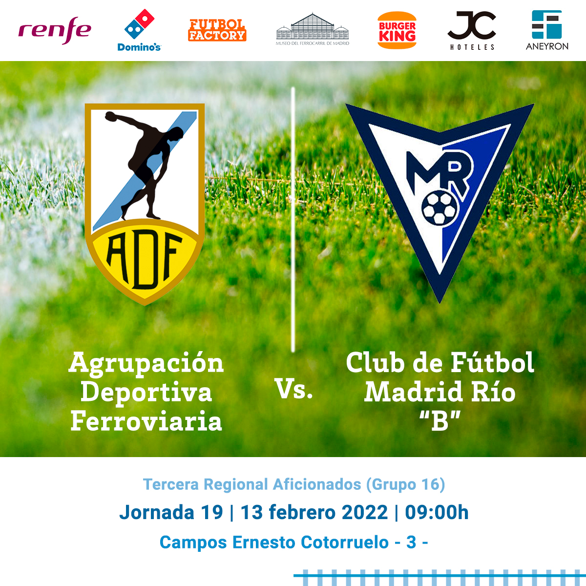 Este domingo, 13 de febrero, a las 9:00h, jugamos la 19ª jornada⚽ Nuestro rival será el <a href="/CFMadridRio/">C.F. Madrid Río</a>, y queremos mantener la racha de victorias y el buen juego #SubeAlaFerro 🚂
Tendrá lugar en el campo Ernesto Cotorruelo nº: 3
(Vía Lusitana, 5 - Abrantes) ¡Os esperamos! #LaFerro