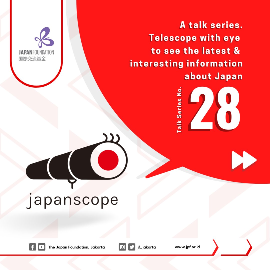 JF_Jakarta's tweet photo. ๐๐ฎ๐ฝ๐ฎ๐ป๐๐ฐ๐ผ๐ฝ๐ฒ #๐ฎ๐ด
"How Japan Reshapes Memory through Museum and Heritage Sites?"
19 Februari 2022 | 10:30 - 12:30 | Zoom
URL:
https://t.co/AAS1sQTGf0 (link di BIO)
Simak IG @jf_jakarta untuk cara mendapatkan hadiahnya ya!
#Japanscope
#stayathomewithJF
#jfjakarta https://t.co/NYbbs9hVZZ