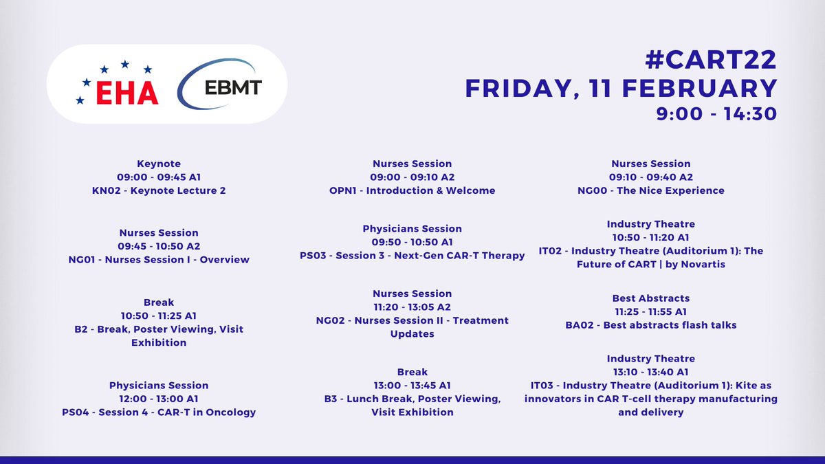 TheEBMT's tweet photo. Welcome to Day 2️⃣ of the #EBMT-@EHA_Hematology 4th European CAR T-cell Meeting. Today we will be live from 9:00-20:15 CET 🎬. Don't miss out on the day's Nursing ⚕️ Sessions and more!

And stay tuned until tomorrow for our post on Saturday's Scientific Programme #CART22 https://t.co/qX2lHDFD16