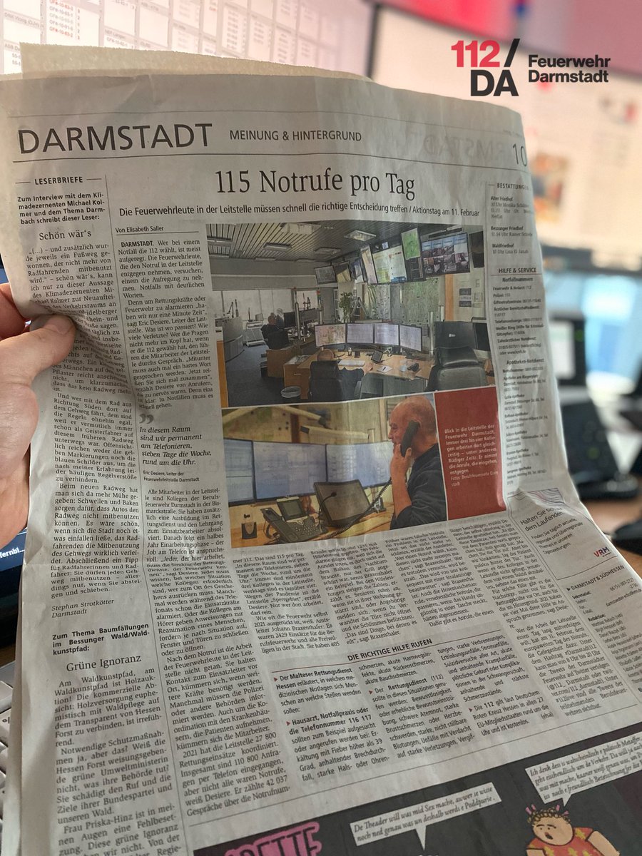 Habt Ihr heute morgen schon in die <a href="/Echo_Zeitungen/">Echo Zeitungen</a> geschaut? Dort findet Ihr einen Bericht zur Arbeit in unserer Leitstelle und zum Thema #Notruf 👍 

#darmstadt112 #112live