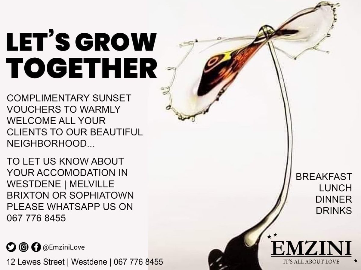 Do you own a Guesthouse or other accommodation in Westdene, Melville, Brixton or Sophiatown? 

Let’s grow together - send us details of your accommodation and we will supply Sunset vouchers to your guests to welcome them to our beautiful neighborhood! 

#EmziniLove #PayItForward