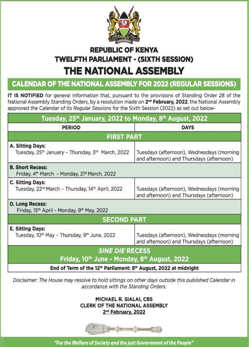 MzalendoWatch's tweet photo. Here is the calendar of the @NAssemblyKE regular sessions for 2022. https://t.co/HF2hkFKQ1Y