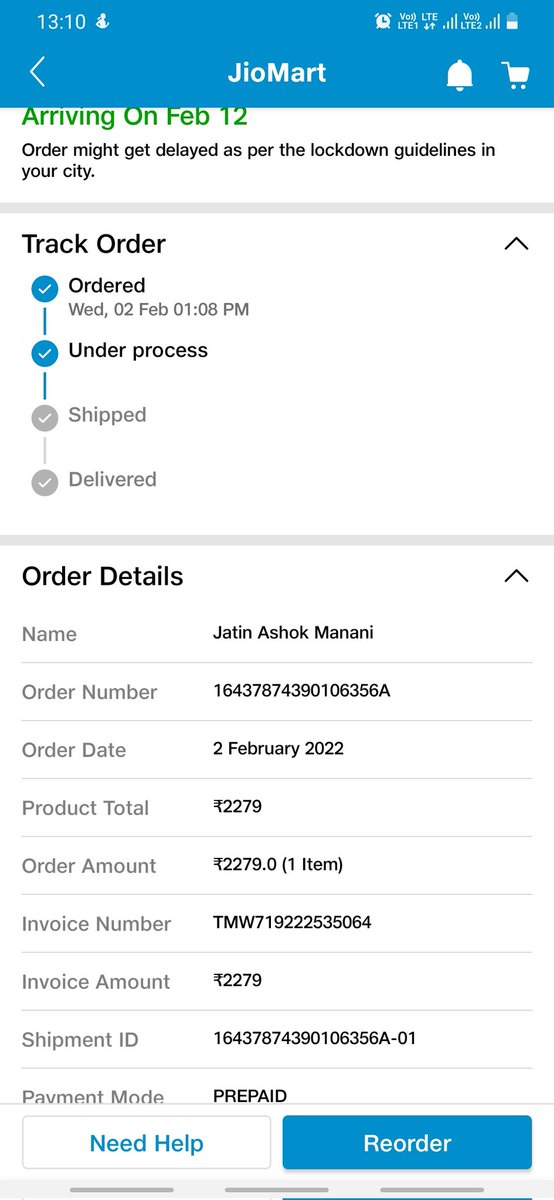 JatinManani786's tweet photo. @JioMart @JioMart_Support @jiomart_india @My_JioMart 
Dear Team,
I hv orderd ground nut oil on 02.02.22 &amp; its delvry date was 07.02.22.
Its 11.02.22 n prodct is not yet delivrd.Evrydy the delvry date is updatd to nxt day.
Either deliver prodct or initiate refund
Attaching proofs https://t.co/QETU5KOYrZ