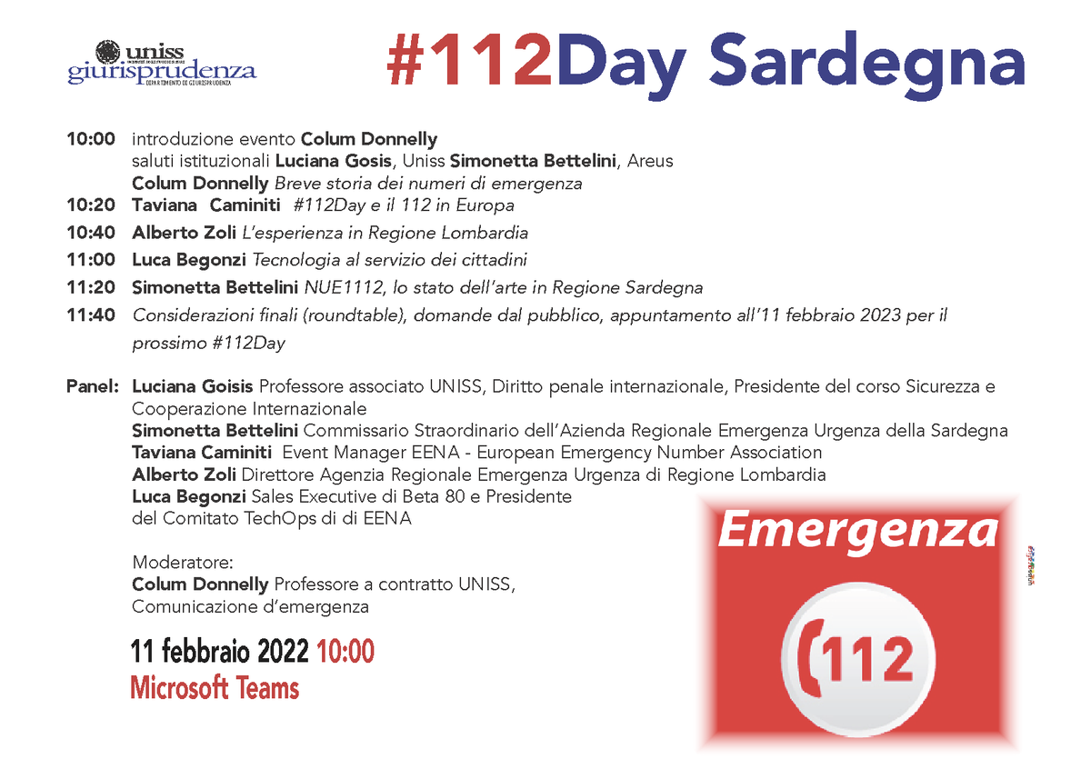columdonnelly's tweet photo. 11/2 giornata europea del numero unico d'emergenza 112.

Dalle 10 alle 12 di questa mattina, in @unissTweet  parliamo del #112Day e del lancio del servizio in Sardegna nel corso di quest'anno.

Ti aspetto qui: https://t.co/5wczCii3PU

#112Day2020 https://t.co/mJcjyclRWw