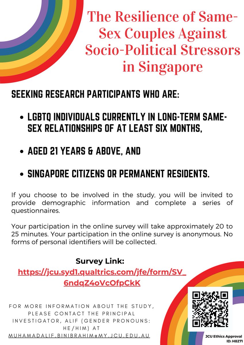 Hello! I am currently recruiting LGBTQ participants in same-sex relationships for an online survey to understand how they cope and remain resilient against stressful life events in Singapore. 🏳️‍🌈🇸🇬

Do participate if you are eligible. Thank you! 

Link: jcu.syd1.qualtrics.com/jfe/form/SV_6n…
