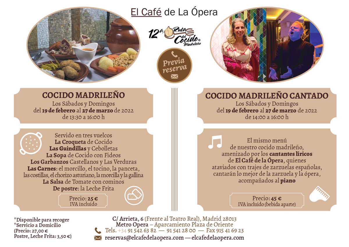 ¿Sabías que la comida cantada sabe incluso mejor? En esta edición de la Ruta del Cocido Madrileño, en #ElCafédelÓpera venimos con ¡un cocido cantado en tres vuelcos! No te queremos adelantar mucho porque tienes que venir a verlo por ti mismo. elcafedelaopera.com/restaurante/xi…