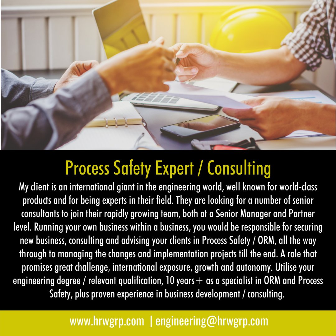 EngineeringHrw's tweet image. Process Safety Expert / Consulting. We are looking for a number of Senior Consultants to join a team. 
#engineering #consulting #business #degree