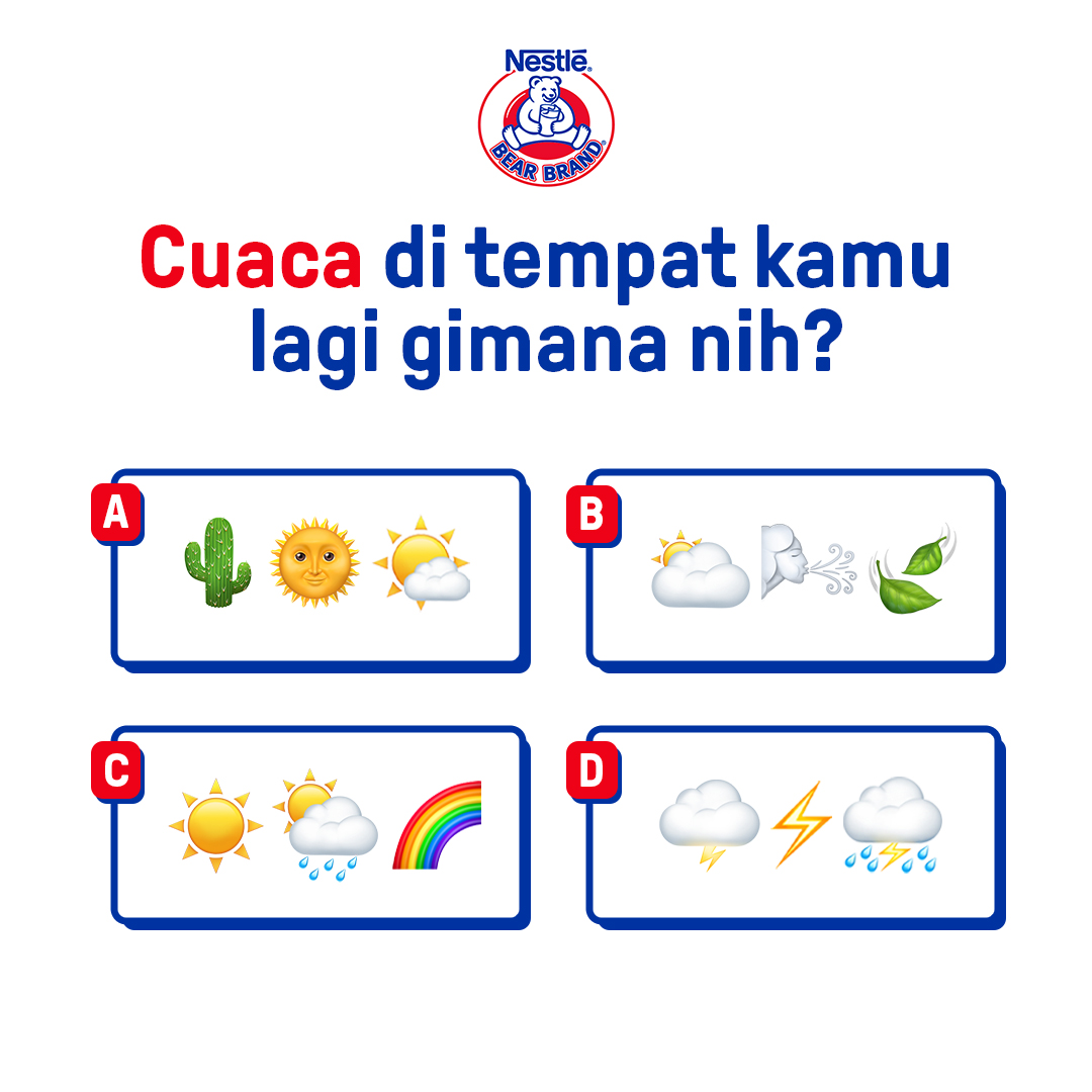 Apapun cuacanya #JanganKendor tetap jaga kondisi dan selalu sedia BEAR BRAND untuk jadi teman beraktivitas!
Jadi, gimana nih kondisi cuaca di tempatmu saat ini?
Yukk,  share jawabanmu di kolom komentar ya!