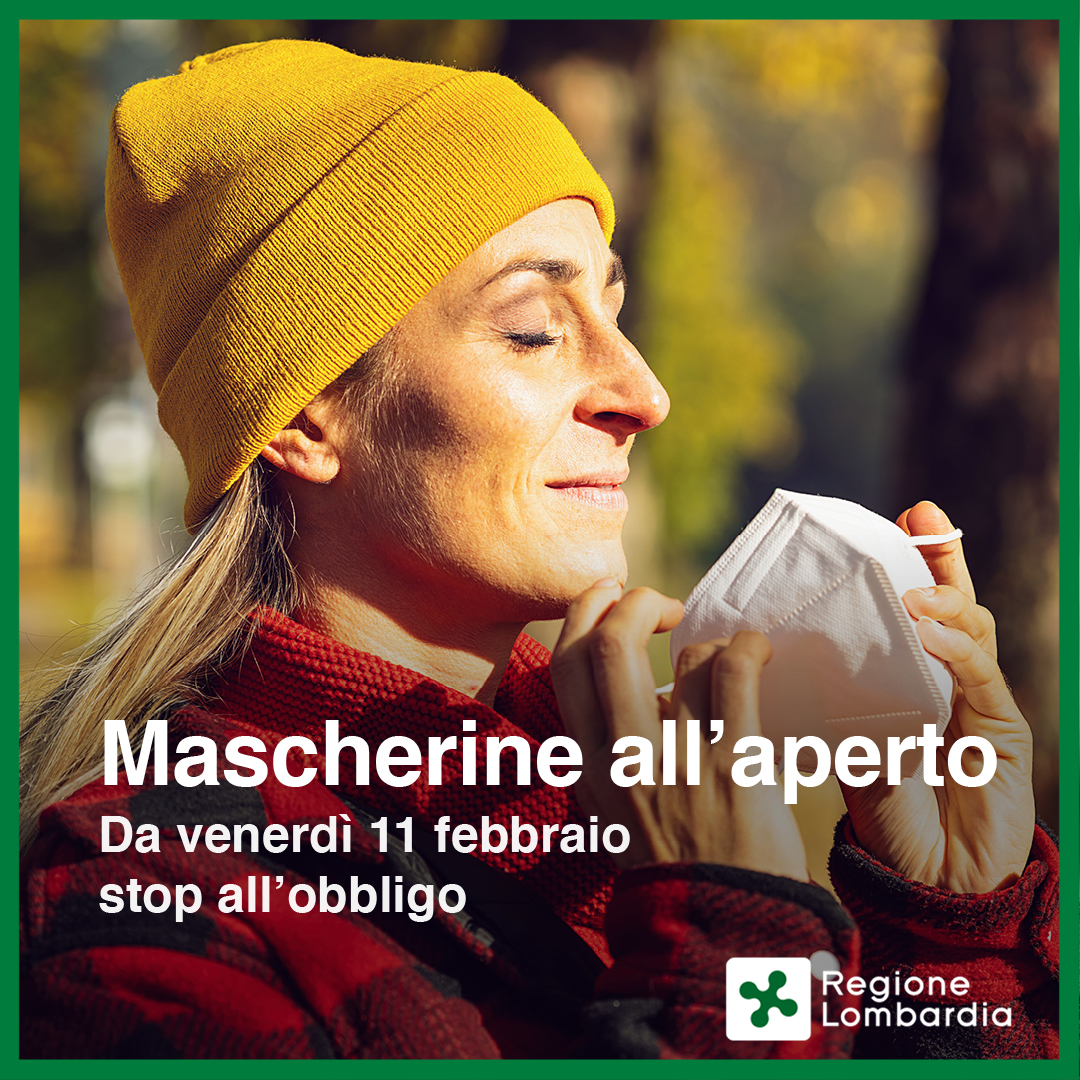 A partire da oggi, venerdì 11 febbraio, non è più obbligatorio indossare le mascherine all’aperto.
Il loro utilizzo rimane obbligatorio, fino al 31 marzo 2022, nei luoghi al chiuso.
Consulta qui le misure valide sul territorio nazionale: reglomb.it/3Kr450HRX8z