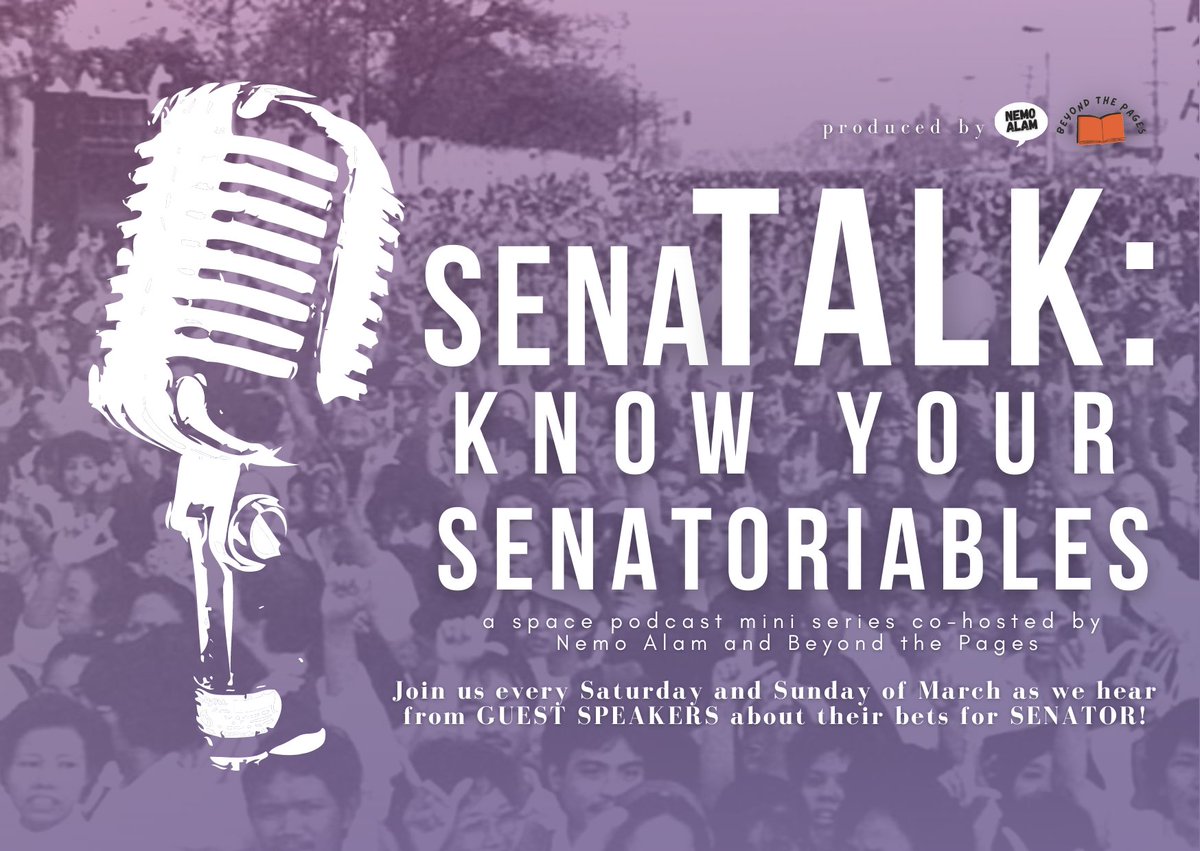 ⠀
🔔 MARK YOUR CALENDARS!

Join Nemo Alam (@W4NDERCRUST), Beyond the Pages (<a href="/beyondpaiges/">Beyond the Paige</a>), and our GUEST SPEAKERS every weekend of March to learn if our SENATORIABLES Walk the Talk.

Makipag-kwentuhan na sa "senaTALK: Know Your Senatoriables" para sa mas matalinong pag-boto!
⠀