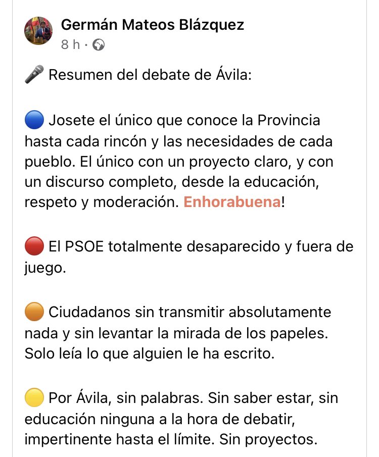 ¿Pero este señor ha visto el mismo debate que los demás?
Porque lo único en lo que dice como fue es en que la candidata de <a href="/Cs_Avila_/">Ciudadanos Ávila</a> estuvo leyendo todo el debate
Ya sabemos que <a href="/PPopularAvila/">Partido Popular de Ávila</a> ve las cosas con unas gafas que cambian la realidad