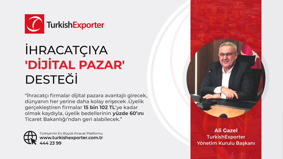 📢Ticaret Bakanlığı’nın geri ödeme desteğiyle, ihracatçı firmalar dijital pazara avantajlı girecek.

📌Daha fazla bilgi için;
📞444 23 99
💻turkishexporter.com.tr
💻haberturk.com/konya-haberler…

#turkishexporter #ihracat #export #b2b #eihracatpazarı #trade #ticaret #ticaretbakanligi