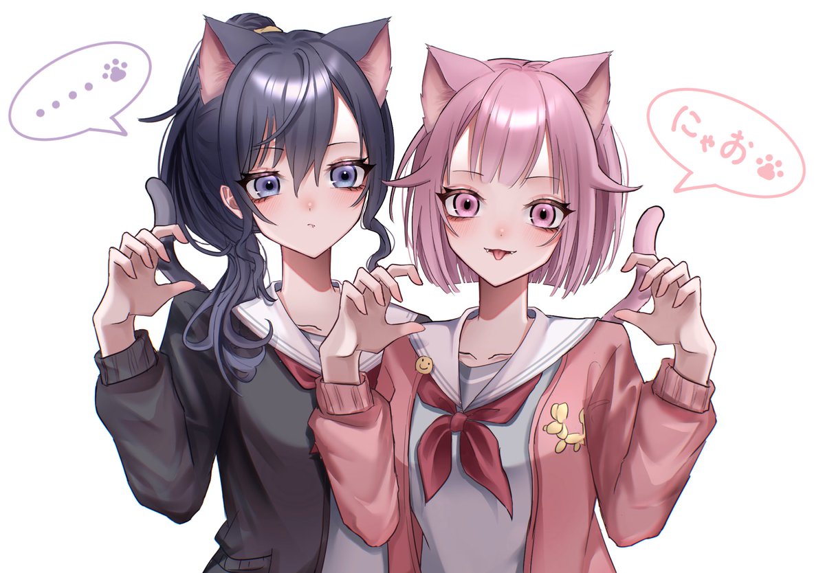 multiple girls 2girls pink hair animal ears cat ears pink eyes tail  illustration images