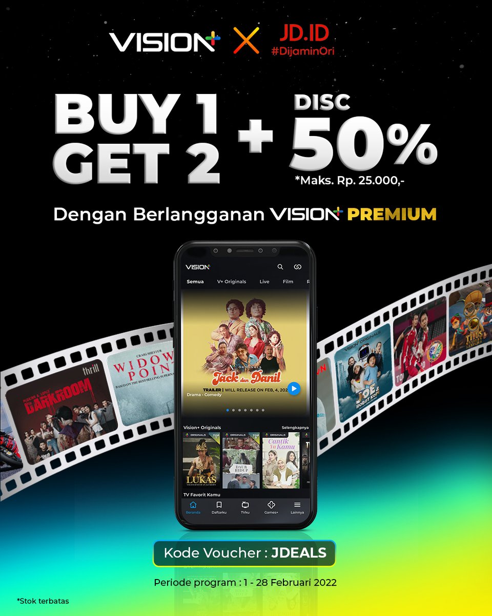 visionplusid's tweet photo. Mau beli Vision+ Premium tapi lagi bokek? Tenang aja kalau kamu beli paket ini di @jdid
kamu bisa mendapatkan promo Buy 1 Get 2 + 50% dengan memasukkan kode voucher: JDEALS π₯³π₯³
Makin untung kan?? Yuk download Vision+ sekarang!
#Visionplus #VisionplusXJDID https://t.co/VsJAxrEeQO