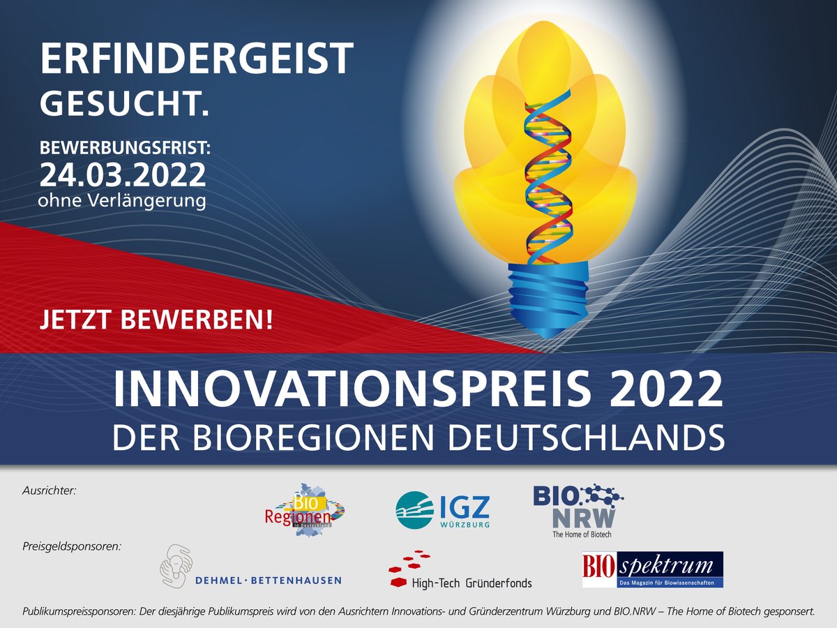 GesundheitBW's tweet photo. 📢Erfindergeist💡gesucht!
Mit dem #Innovationspreis der Deutschen #BioRegionen 2022 werden innovative Patente aus der modernen #Biotechnologie🧫und #LifeScience-Forschung inkl. #Medizintechnik🩺ausgezeichnet. Bewerbungsfrist:🗓️24.03.22
https://t.co/B7C3UCeaCf https://t.co/wX2CF2lBKQ