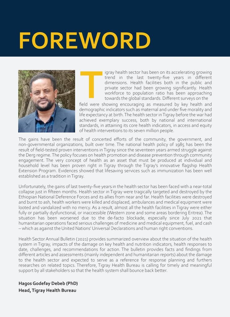 ProfKindeya's tweet photo. Annual Bulletin 2021 of the Healh Sector of Tigray: provides summarized overview about the situation of the health system in Tigray, impacts of the damage on health infrastructure, health responses to date, challenges &amp;  recommendations for action.  https://t.co/zGe3okieB3 https://t.co/SsYLODko5L