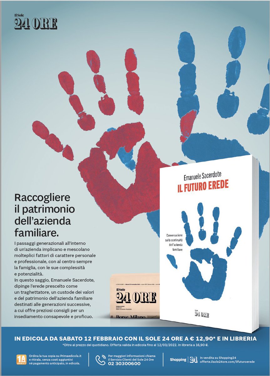 emasac's tweet image. l futuro erede. 
Conversazione sulla continuità dell’azienda familiare.
In edicola dal 12 febbraio in allegato al quotidiano 
@sole24ore
 
ecommerce.ilsole24ore.com/shopping24/il-…
#ilfuturoerede #continuità #crescita #passaggiogenerazionale #aziendafamiliare #futuro  #indipendenza #FamilyBusiness
