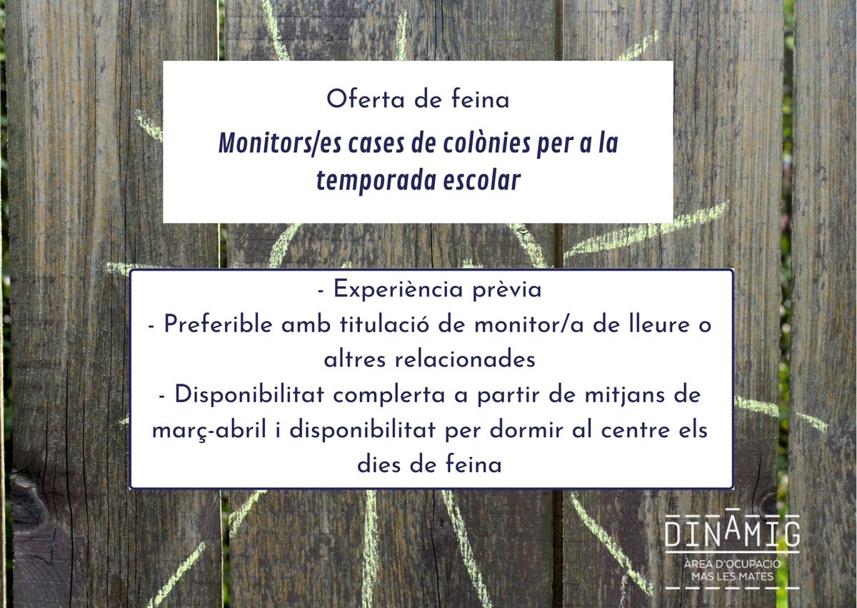 #ofertadefeina
📢 Administratiu/va
.
👉 Experiència prèvia
👉 Preferible amb titulació de monitor/a de lleure o altres relacionades
👉Disponibilitat complerta a partir de mitjans de març-abril i dormir al centre els dies de feina
.
📈📲 Per inscriure't bit.ly/3m8Q8ow