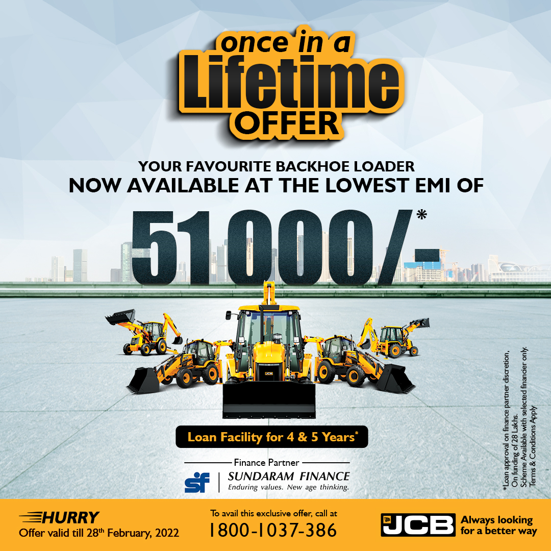 JCBIndiaLtd's tweet photo. An offer you can't miss! Your favourite #JCB Backhoe Loader is now available at the lowest EMI* ever.

Hurry! To avail offer, call: 1800-1037-386

*T&amp;C Apply

#Offer #FebruaryOffer #JCBBackhoe #JCBIndia https://t.co/b5FCNW8hQ1
