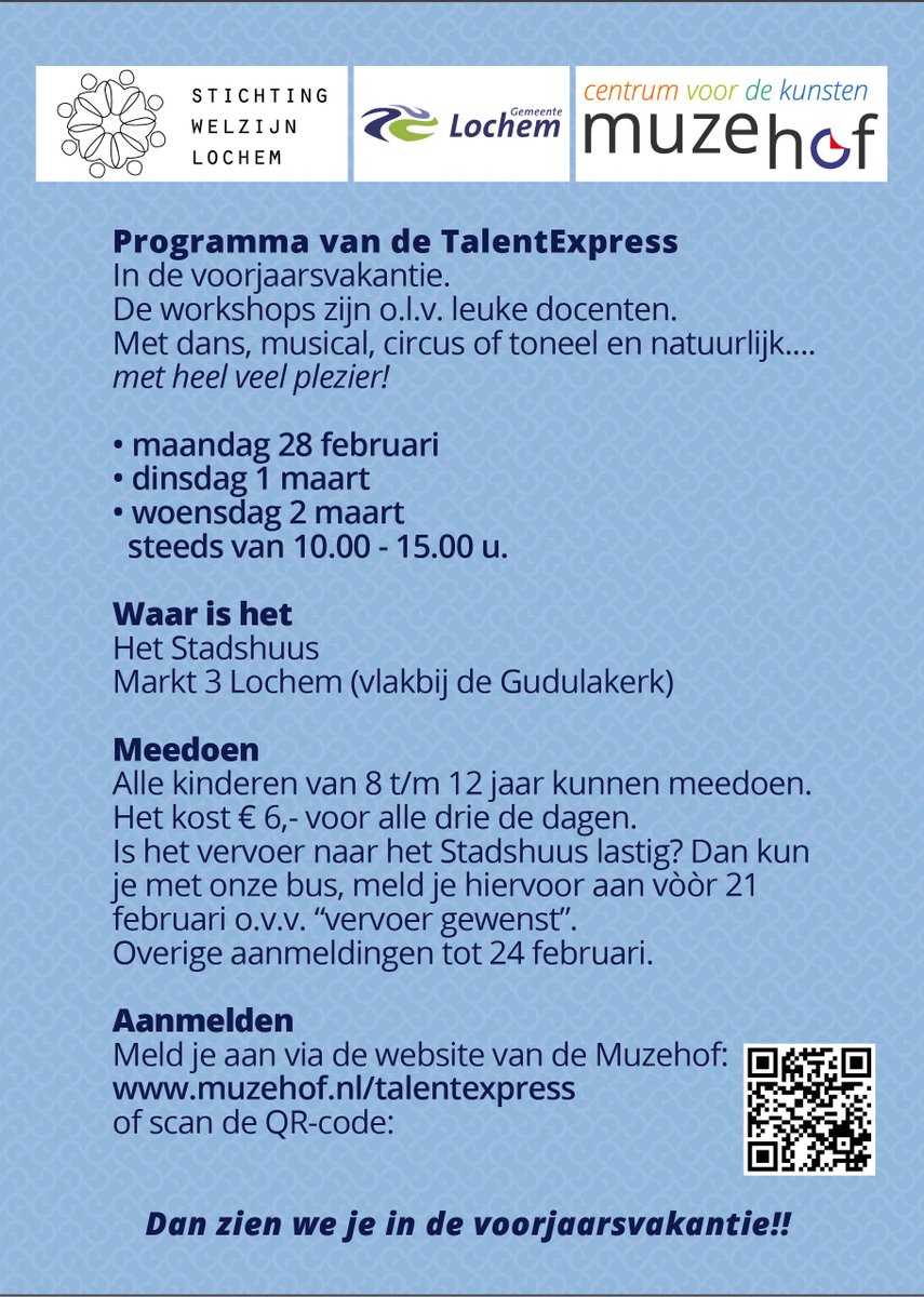 TalentExpress: ontdek je talent in #lochem 
Kinderen 8-12 jaar die in de #voorjaarsvakantie niet weggaan maken in drie dagen een reis langs #dans #circus, #toneelspelen en #musical. Aanmelden: muzehof.nl/talentexpress
<a href="/GemLochem/">Gemeente Lochem</a> <a href="/welzijnlochem/">Budgetloket</a> <a href="/StadshuusL/">StadshuusLochem</a>
