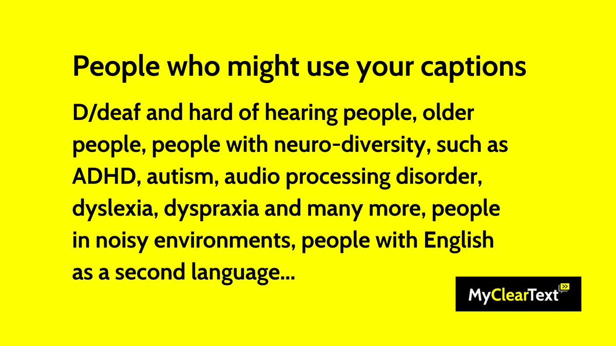 mycleartext's tweet photo. Sometimes we hear the argument, 'captions are just for a few people'. It's misguided, of course, but also it's flat-out wrong. So many people, for so many reasons, can benefit from accessibility. It is public good for all. https://t.co/5eSDIbVYc5