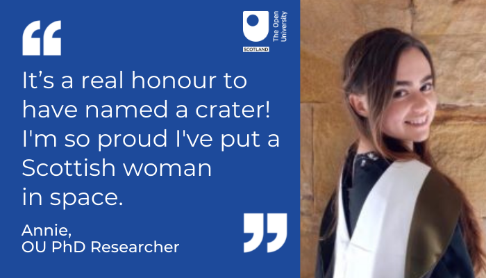 OUScotland's tweet photo. Open University PhD researcher Annie has named a crater on Mercury after the 17th century Scottish poet &amp; songwriter Lady Carolina Nairne: https://t.co/hK2MWUUXrz

#WomenAndGirlsInScience #WomenInSTEM #WomenInScience @WomenScienceDay @OU_STEM @OpenUniversity @RoyalSocEd https://t.co/XCZ5A3uR3L