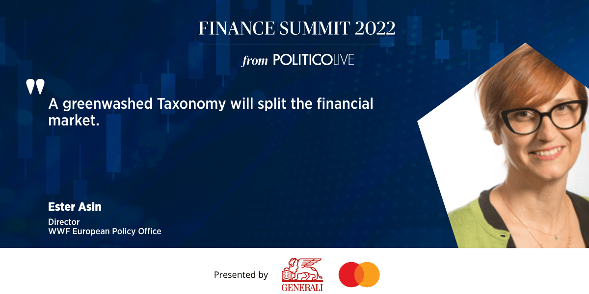 LivePOLITICO's tweet photo. @WWFEU Director @EsterAsinEU speaks about the need for a science-based #EUTaxonomy. Watch live below the conversation with @ESMAComms Chair #VerenaRoss @ecb Executive Board member Frank Elderson. https://t.co/XHgZ6zsecJ #POLITICOFS https://t.co/RBl3j3rDv0